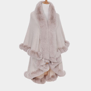 Soft Faux Fur Trim Detailed Shawl Cape